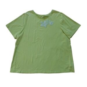Liz & Me Blouse Woman's 2X‎ 22/24W Lime Green Floral Aplique Short Sleeves Flowy